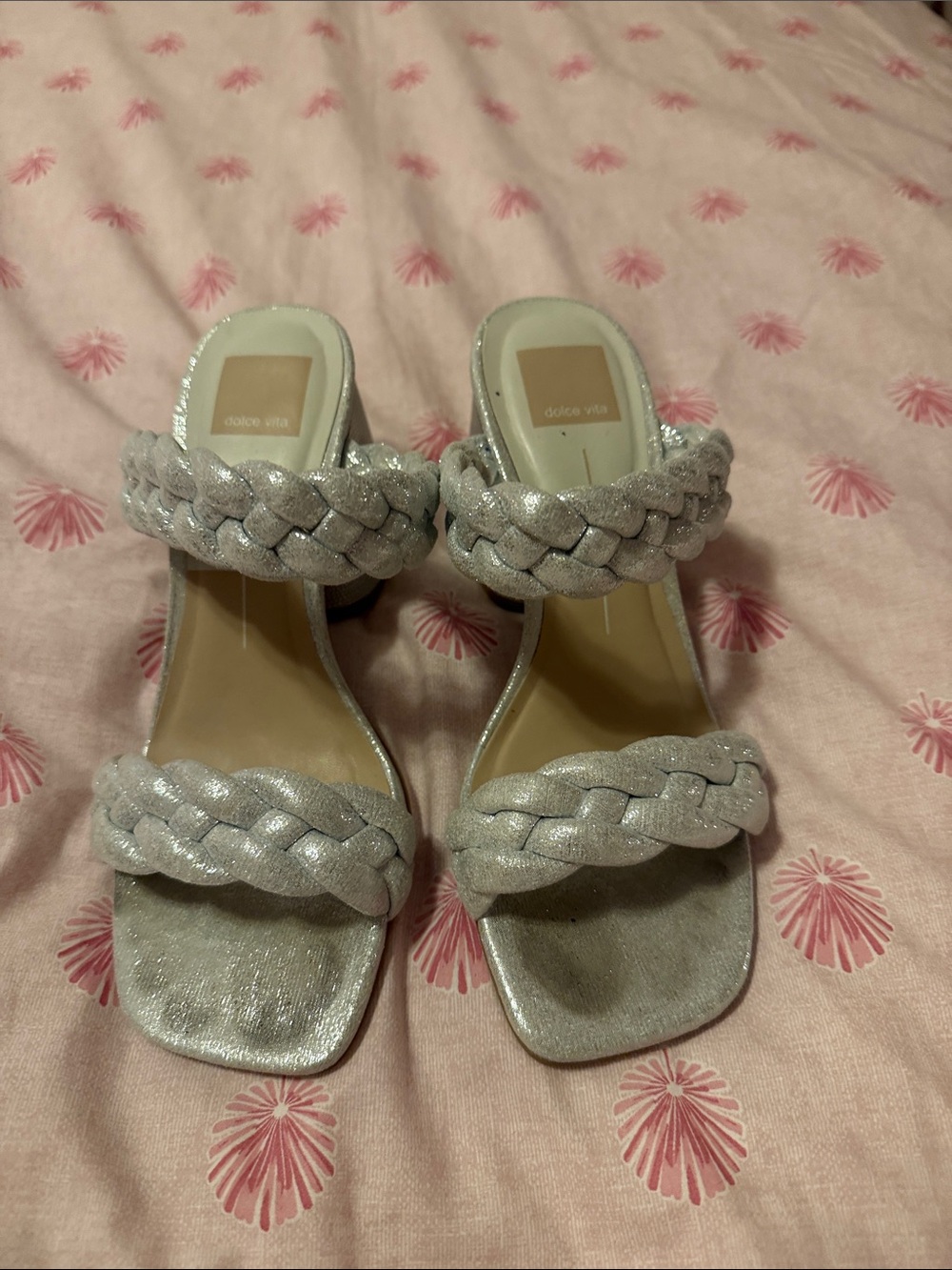 Dolce Vita Silver Braided Double-Strap Slide Heels